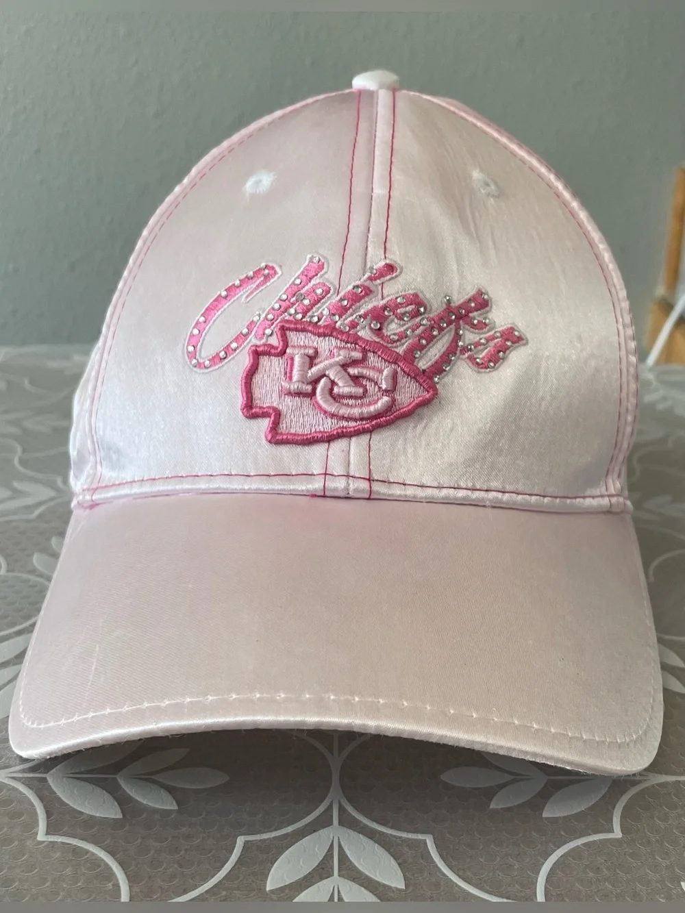 Kansas City Chiefs Women’s Pink Satin Rhinestone Bling Baseball Cap NFL